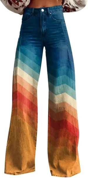 Womens Flare Jeans Wide Leg Pant Vintage Floral Printed High Waisted Straight Stretch Pants Colorful Trouser Jeans