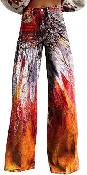 Women's Flare Wide Leg Jeans High Waisted Casual Denim Vintage Floral Print Pants Casual Colorful Baggy Trouser