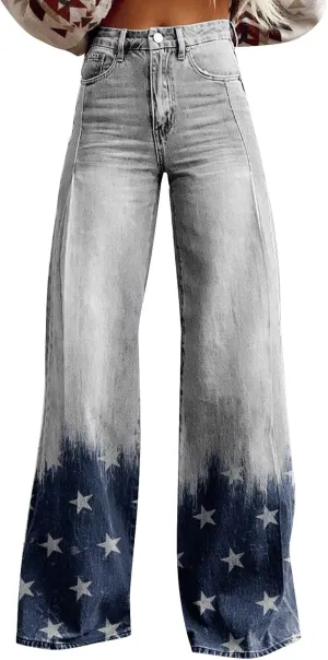 Women's Flare Wide Leg Jeans High Waisted Casual Denim Vintage Floral Print Pants Casual Colorful Baggy Trouser