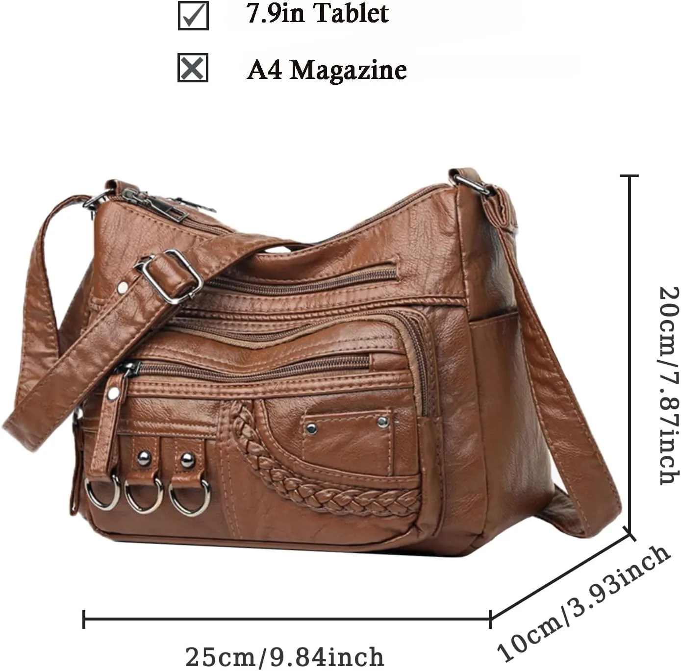 Womens Leather Handbag Multi-Pocket Crossbody Bag Waterproof Hobo Shoulder Bag with Adjustable Shoulder Strap