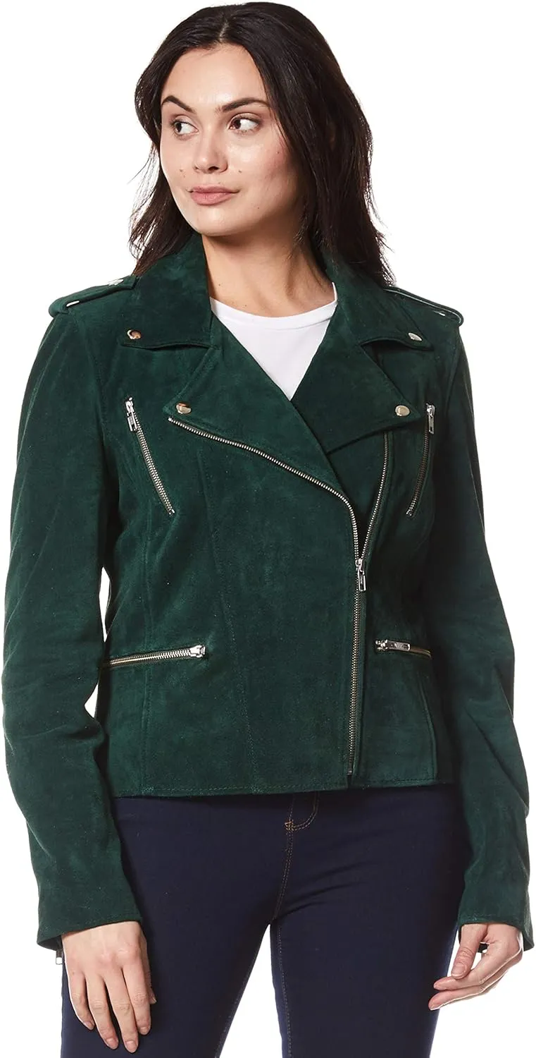 Women's Leather Jacket Green Suede Classic Casual Fashion Biker Style 7113-A
