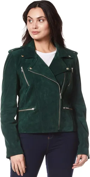 Women's Leather Jacket Green Suede Classic Casual Fashion Biker Style 7113-A