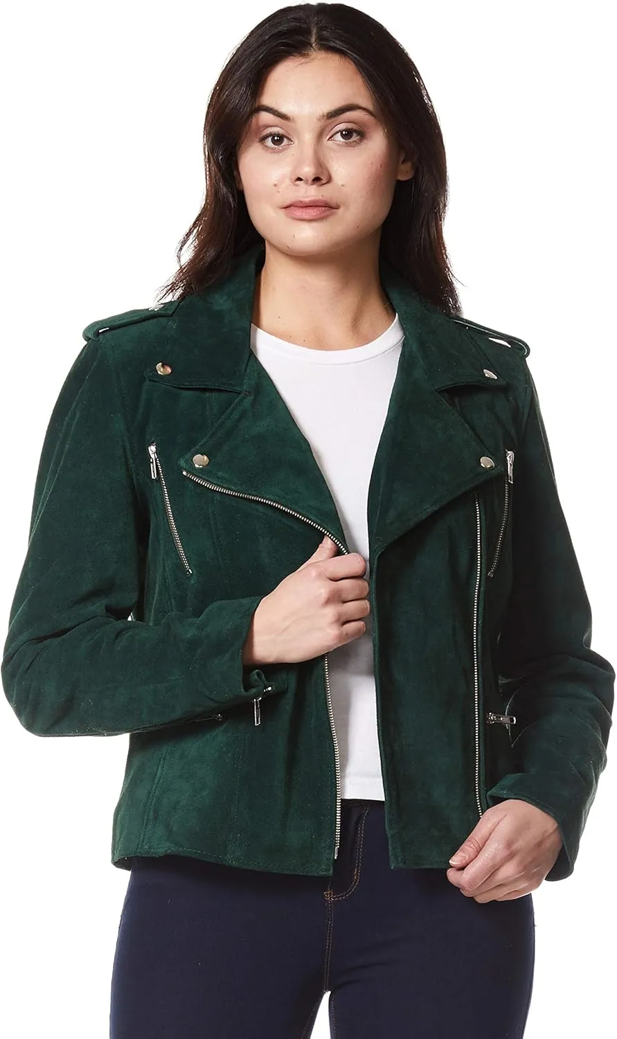 Women's Leather Jacket Green Suede Classic Casual Fashion Biker Style 7113-A