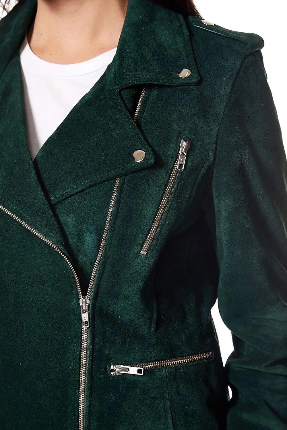 Women's Leather Jacket Green Suede Classic Casual Fashion Biker Style 7113-A