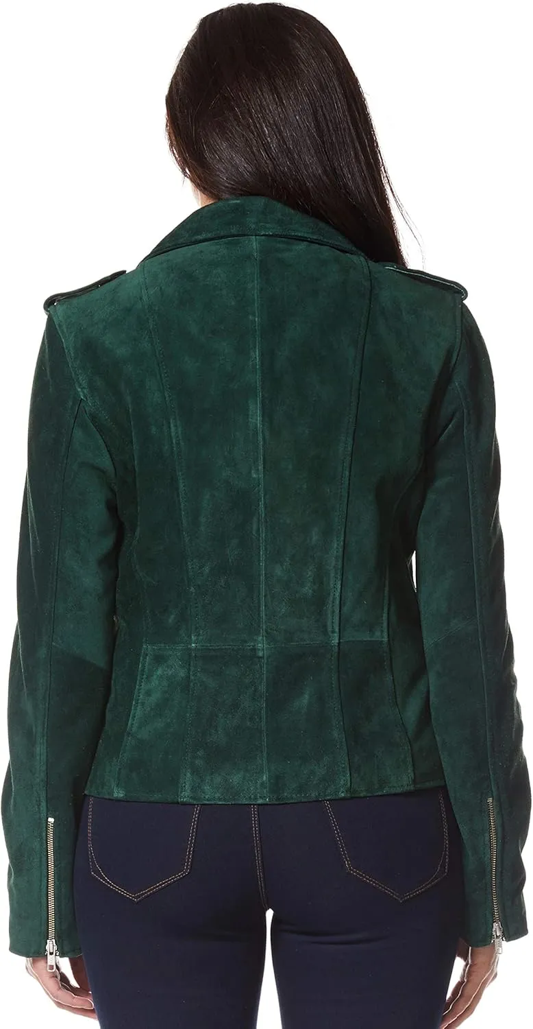 Women's Leather Jacket Green Suede Classic Casual Fashion Biker Style 7113-A