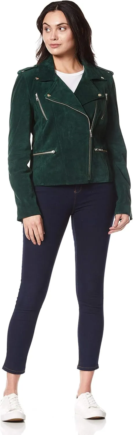 Women's Leather Jacket Green Suede Classic Casual Fashion Biker Style 7113-A