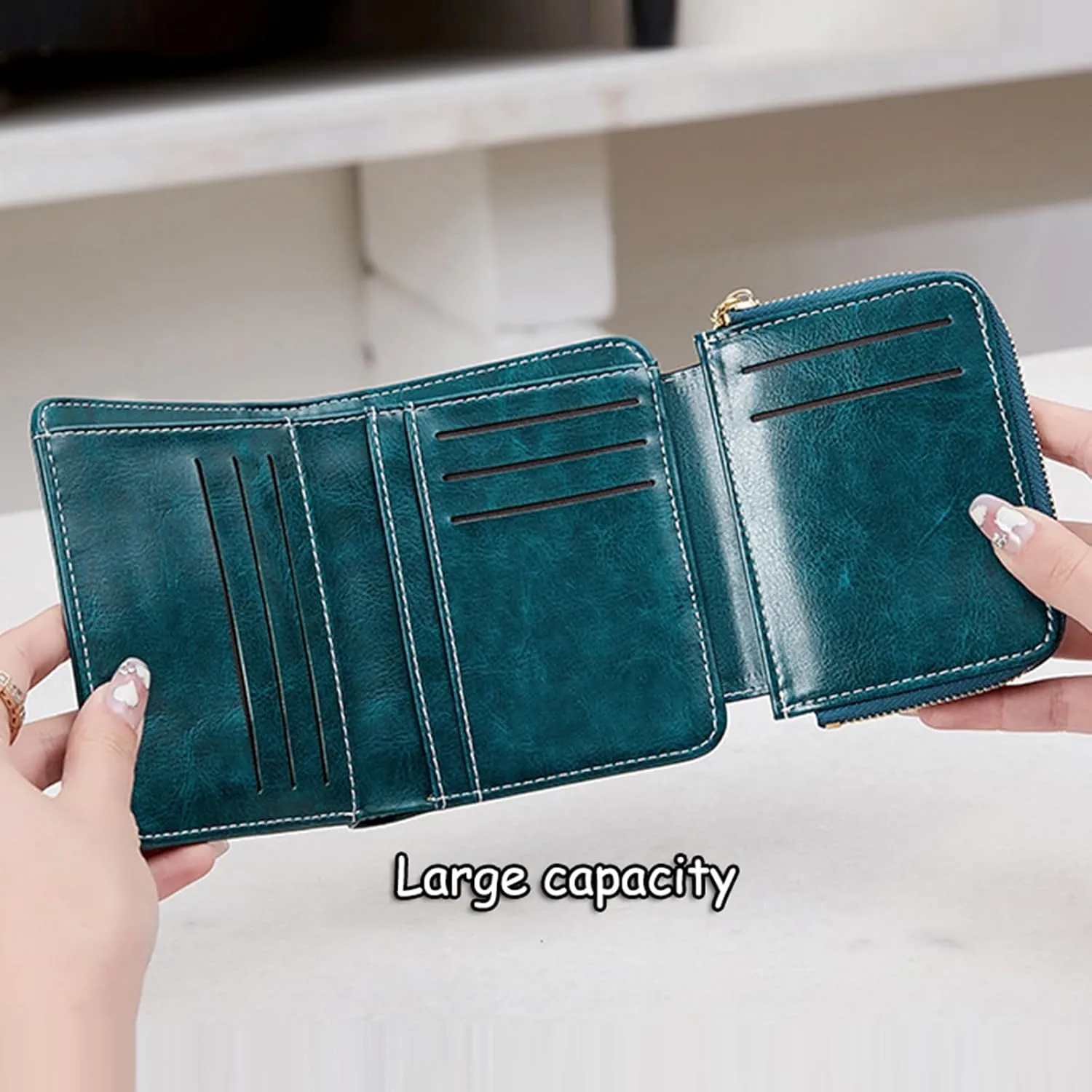 Women'S Leather Zipper Wallet – RFID Blocking Short Purse with Card Holder, Ladies Wallet with Card Slots, Coin Pocket, And Photo Slot,Green
