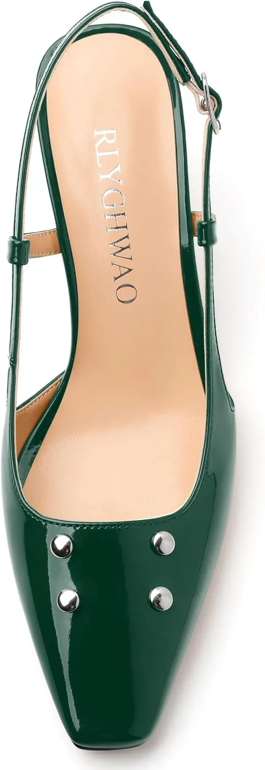 Women's Pumps, Slingback Square Toe Mid Chunky Heels, Fashion Adjustable Strap Buckle Patent Shoes for Women 2.56 Inch