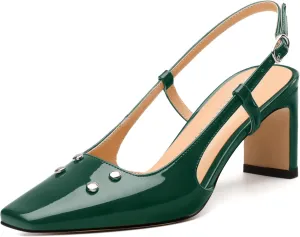 Women's Pumps, Slingback Square Toe Mid Chunky Heels, Fashion Adjustable Strap Buckle Patent Shoes for Women 2.56 Inch