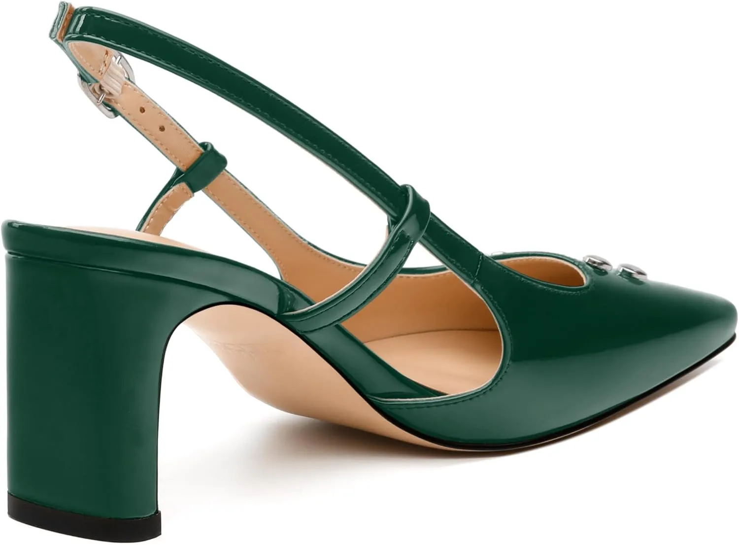 Women's Pumps, Slingback Square Toe Mid Chunky Heels, Fashion Adjustable Strap Buckle Patent Shoes for Women 2.56 Inch