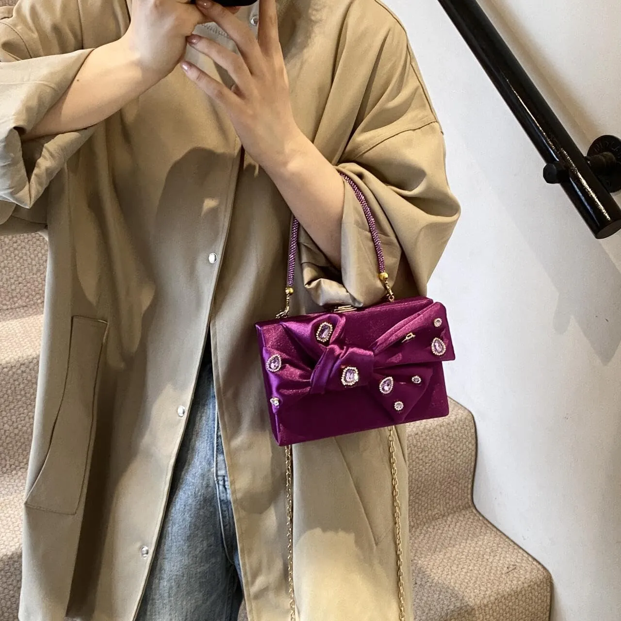 Women’s Satin Evening Bag Bow Handbag Purse Party Clutches Wedding Chain Shoulder Cross Body Bag