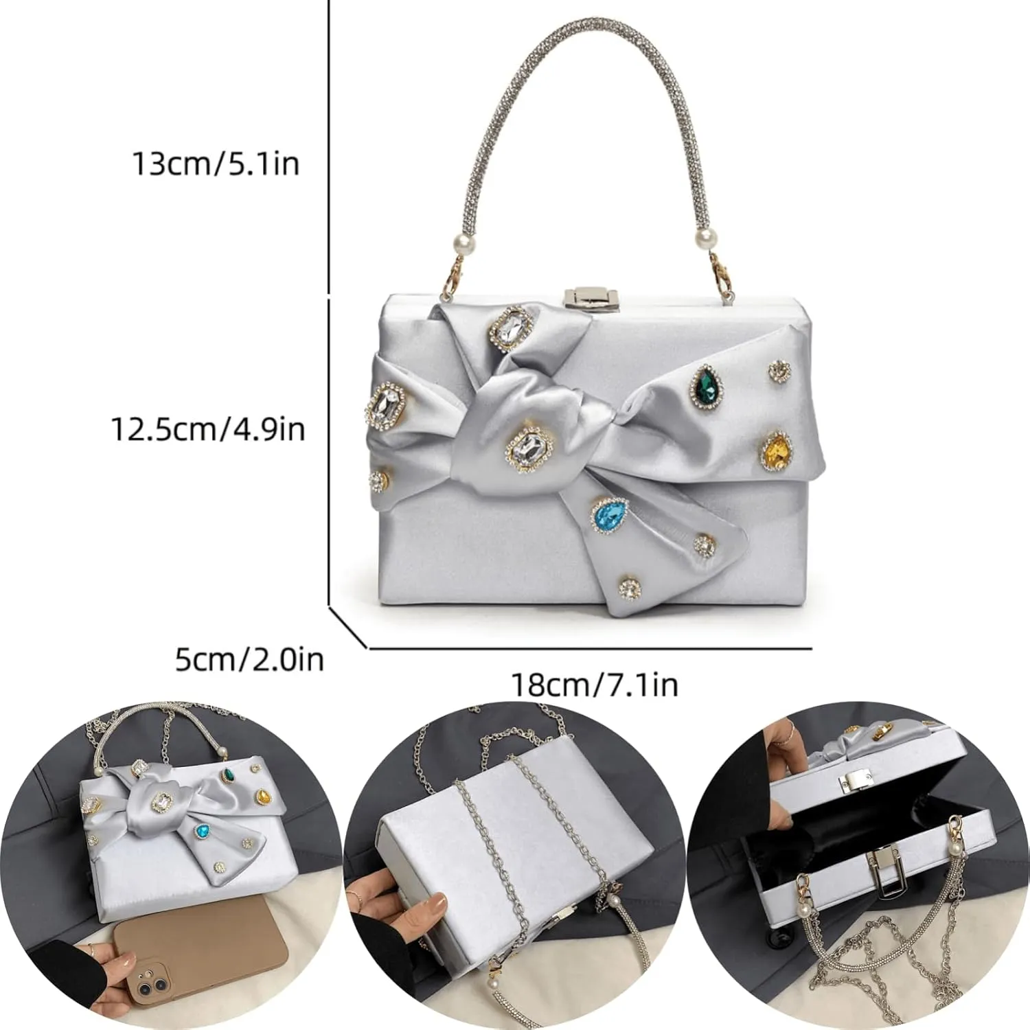 Women’s Satin Evening Bag Bow Handbag Purse Party Clutches Wedding Chain Shoulder Cross Body Bag