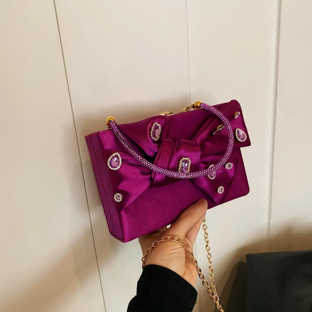 Women’s Satin Evening Bag Bow Handbag Purse Party Clutches Wedding Chain Shoulder Cross Body Bag