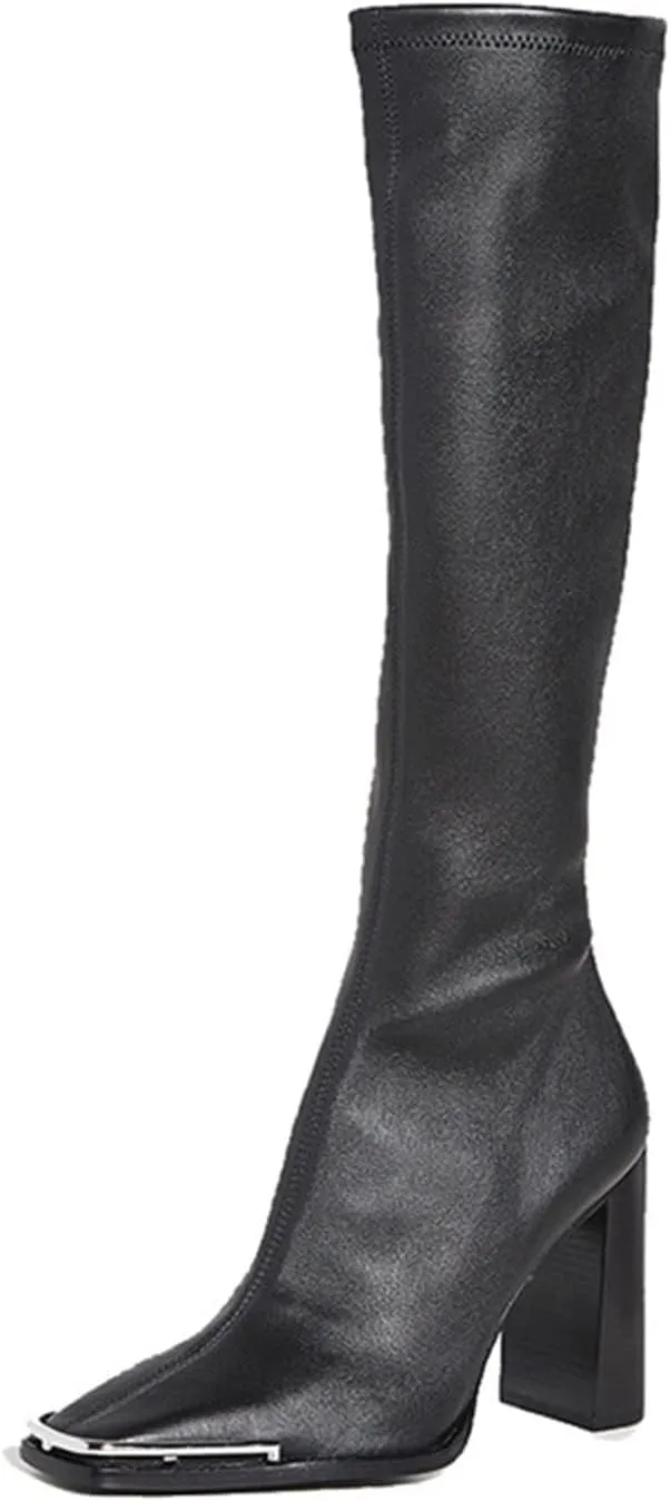 Womens Shoes Woman‘s Knee-Hig Boots Hot Black Leather Square Toe Zipper High Heel Thin Fashion Banquet Footwear Handmade Shoes