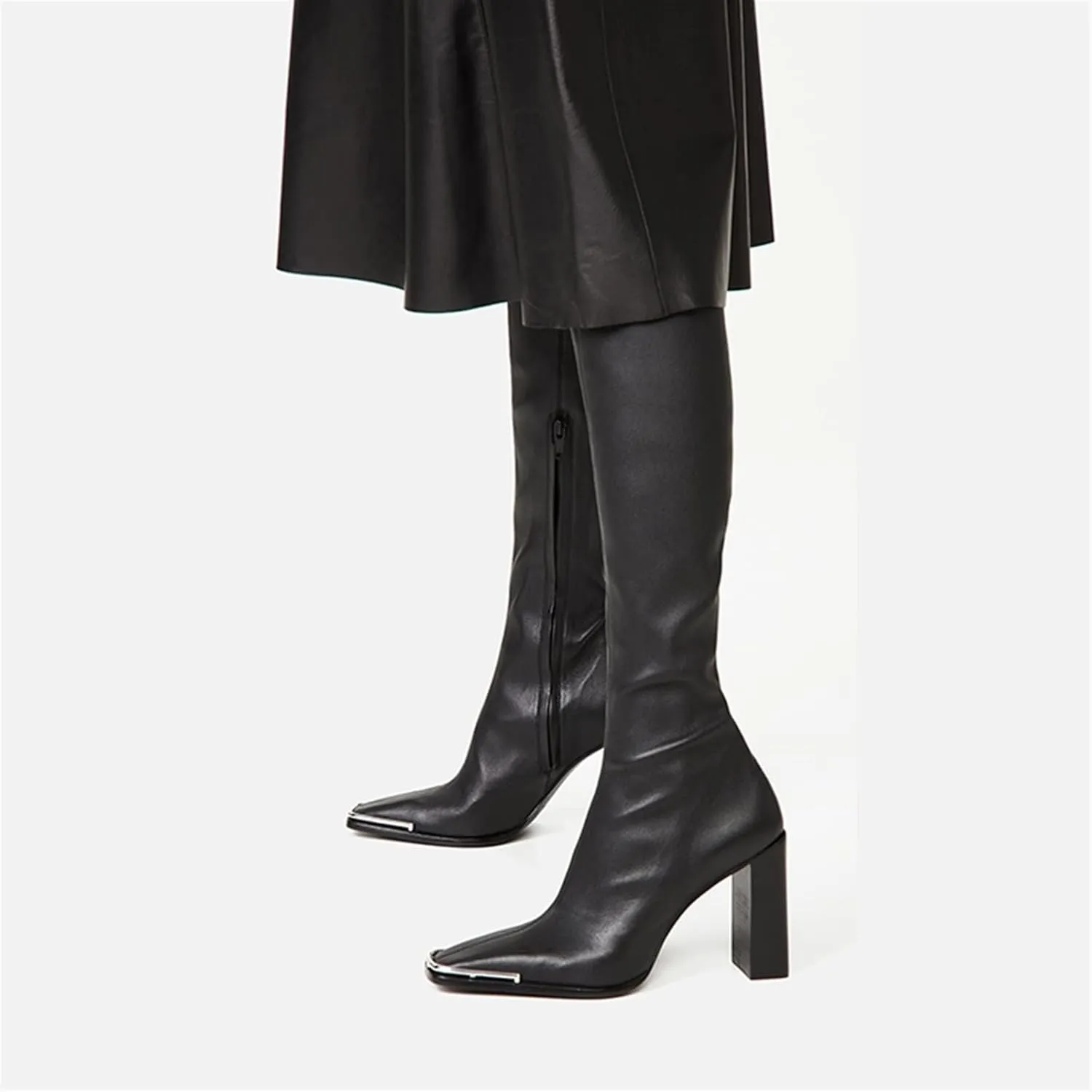 Womens Shoes Woman‘s Knee-Hig Boots Hot Black Leather Square Toe Zipper High Heel Thin Fashion Banquet Footwear Handmade Shoes