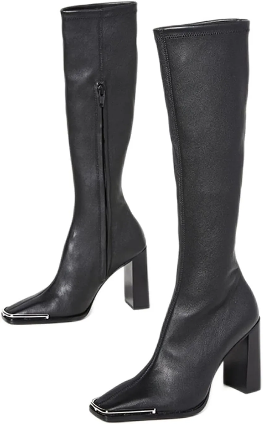 Womens Shoes Woman‘s Knee-Hig Boots Hot Black Leather Square Toe Zipper High Heel Thin Fashion Banquet Footwear Handmade Shoes