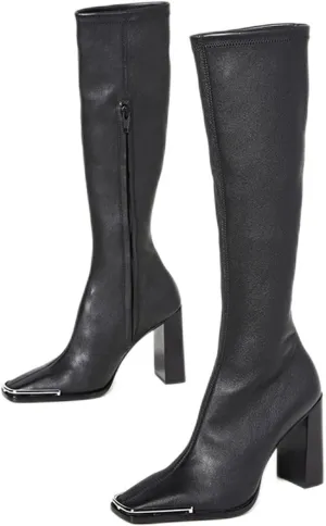Womens Shoes Woman‘s Knee-Hig Boots Hot Black Leather Square Toe Zipper High Heel Thin Fashion Banquet Footwear Handmade Shoes