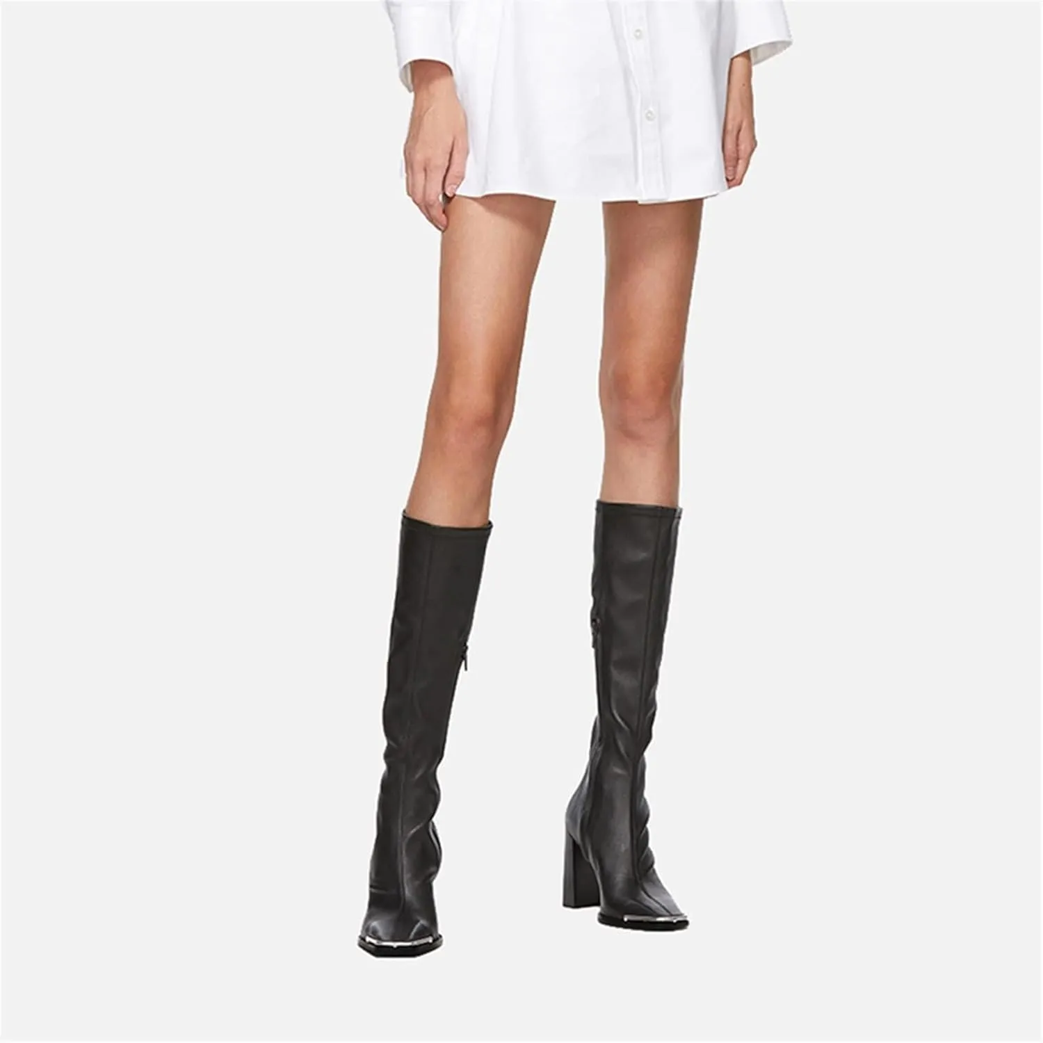 Womens Shoes Woman‘s Knee-Hig Boots Hot Black Leather Square Toe Zipper High Heel Thin Fashion Banquet Footwear Handmade Shoes