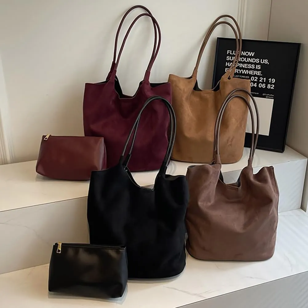 Womens Soft Suede Tote Bag Faux Leather Handbag Large Vintage Top Handle Bag Bucket Shoulder Satchel 2pcs Purse