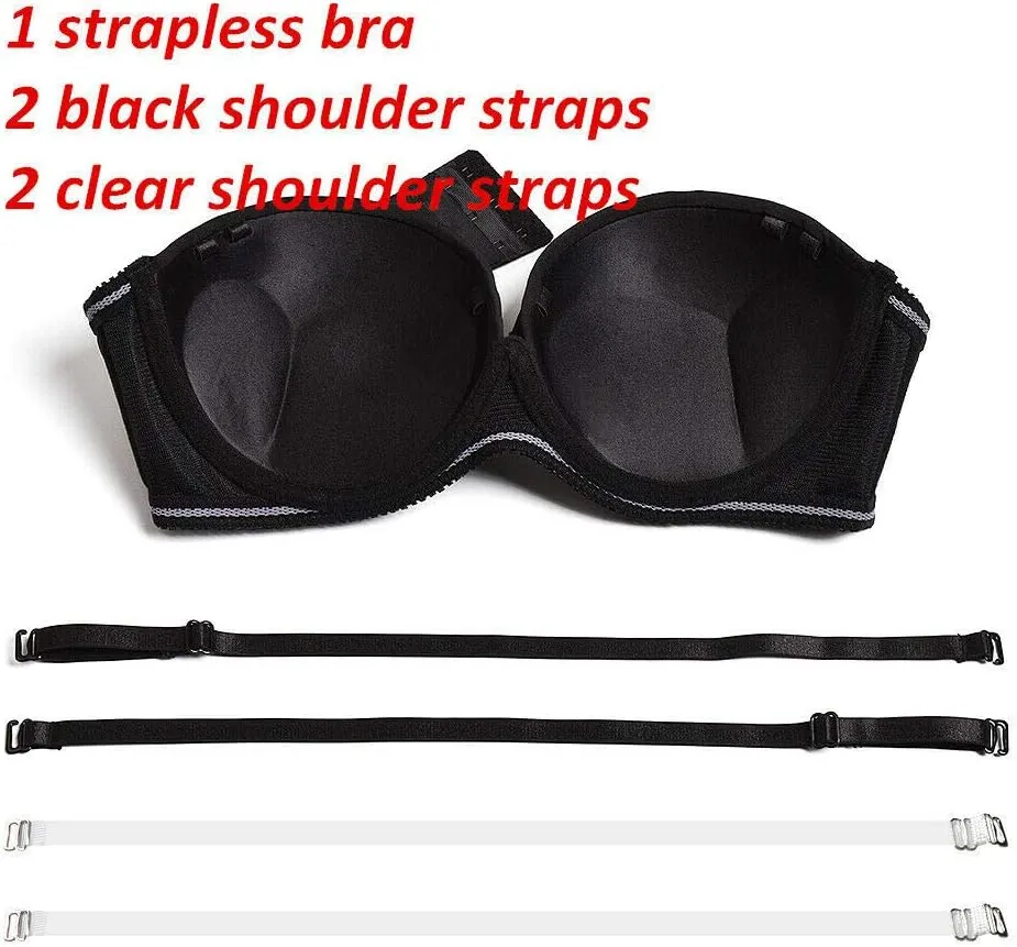 Women's Strapless Push Up Bra Underwired Thick Padded Low Cut T-Shirt Convertible Supportive Bras with Clear Straps
