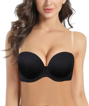 Women's Strapless Push Up Bra Underwired Thick Padded Low Cut T-Shirt Convertible Supportive Bras with Clear Straps