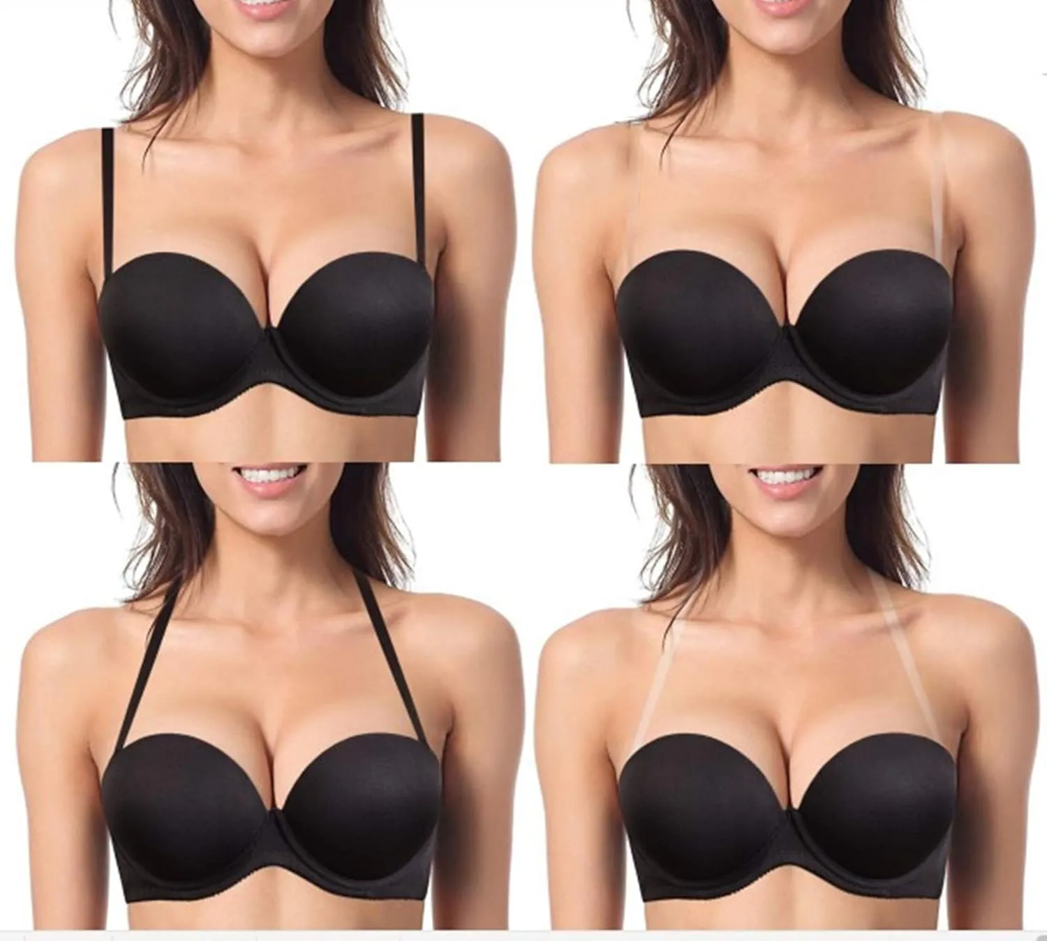Women's Strapless Push Up Bra Underwired Thick Padded Low Cut T-Shirt Convertible Supportive Bras with Clear Straps