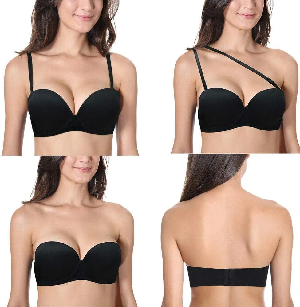 Women's Strapless Push Up Bra Underwired Thick Padded Low Cut T-Shirt Convertible Supportive Bras with Clear Straps