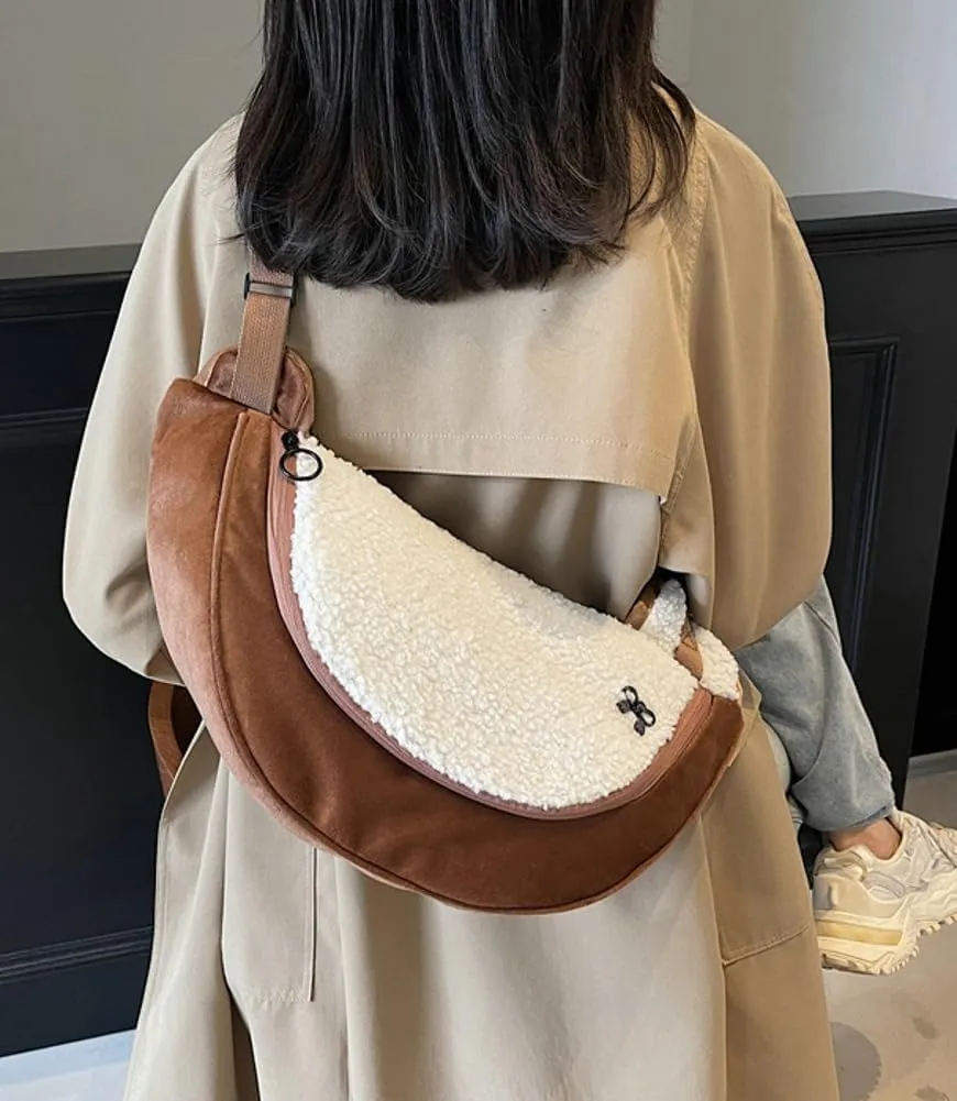 Womens Stylish Plush Dumpling Purse Large Crossbody Shoulder Bag Adjustable Strap Cute Furry Tote Handbags