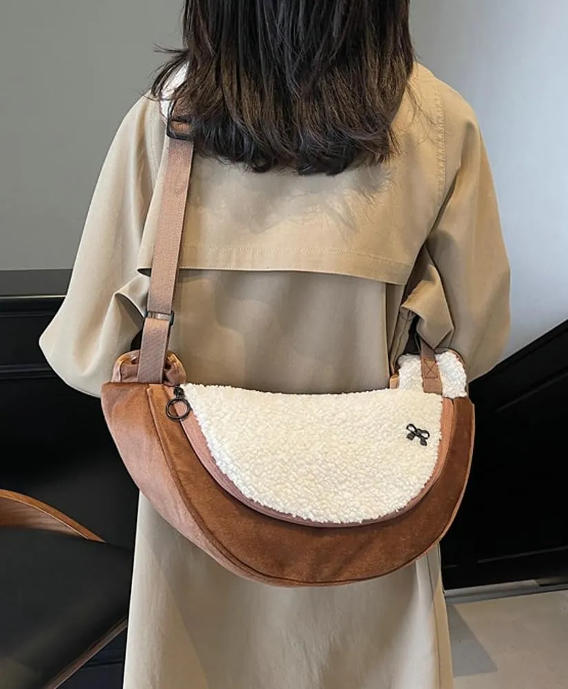 Womens Stylish Plush Dumpling Purse Large Crossbody Shoulder Bag Adjustable Strap Cute Furry Tote Handbags