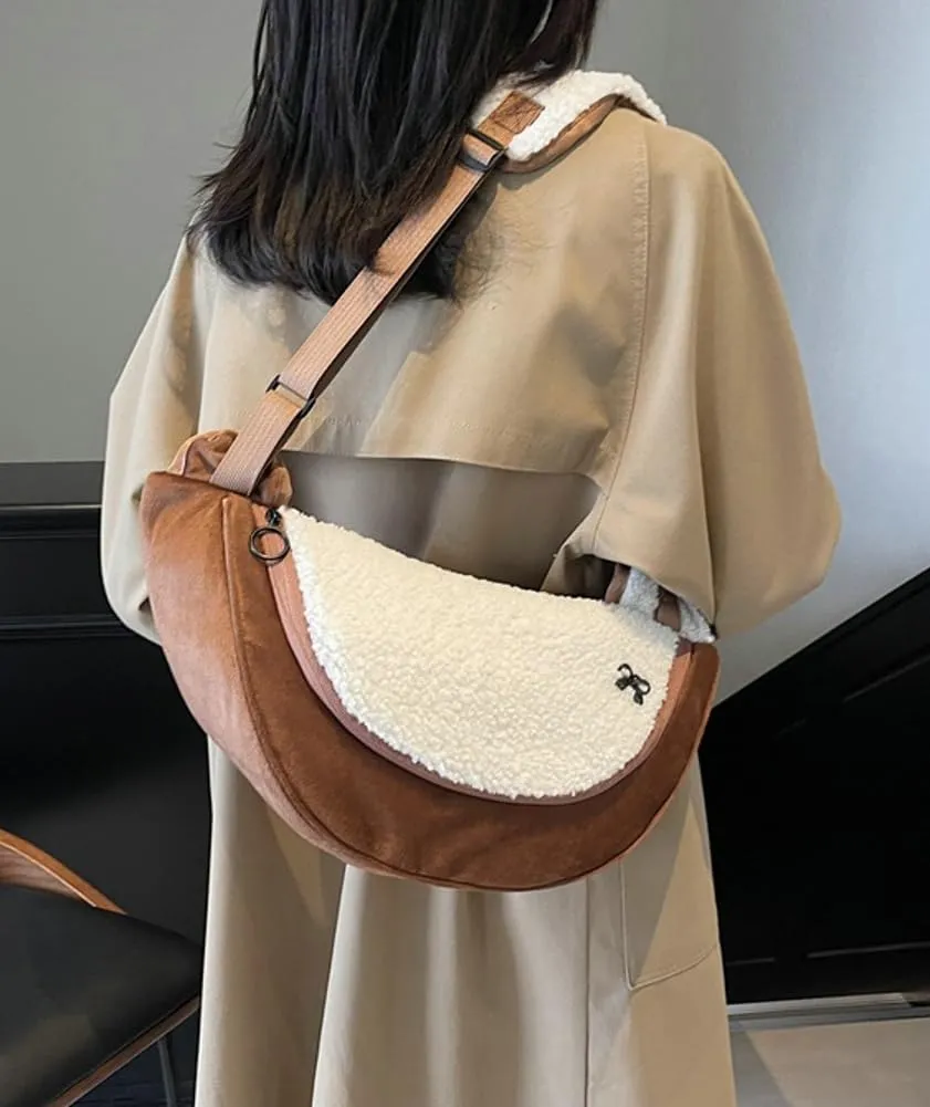 Womens Stylish Plush Dumpling Purse Large Crossbody Shoulder Bag Adjustable Strap Cute Furry Tote Handbags