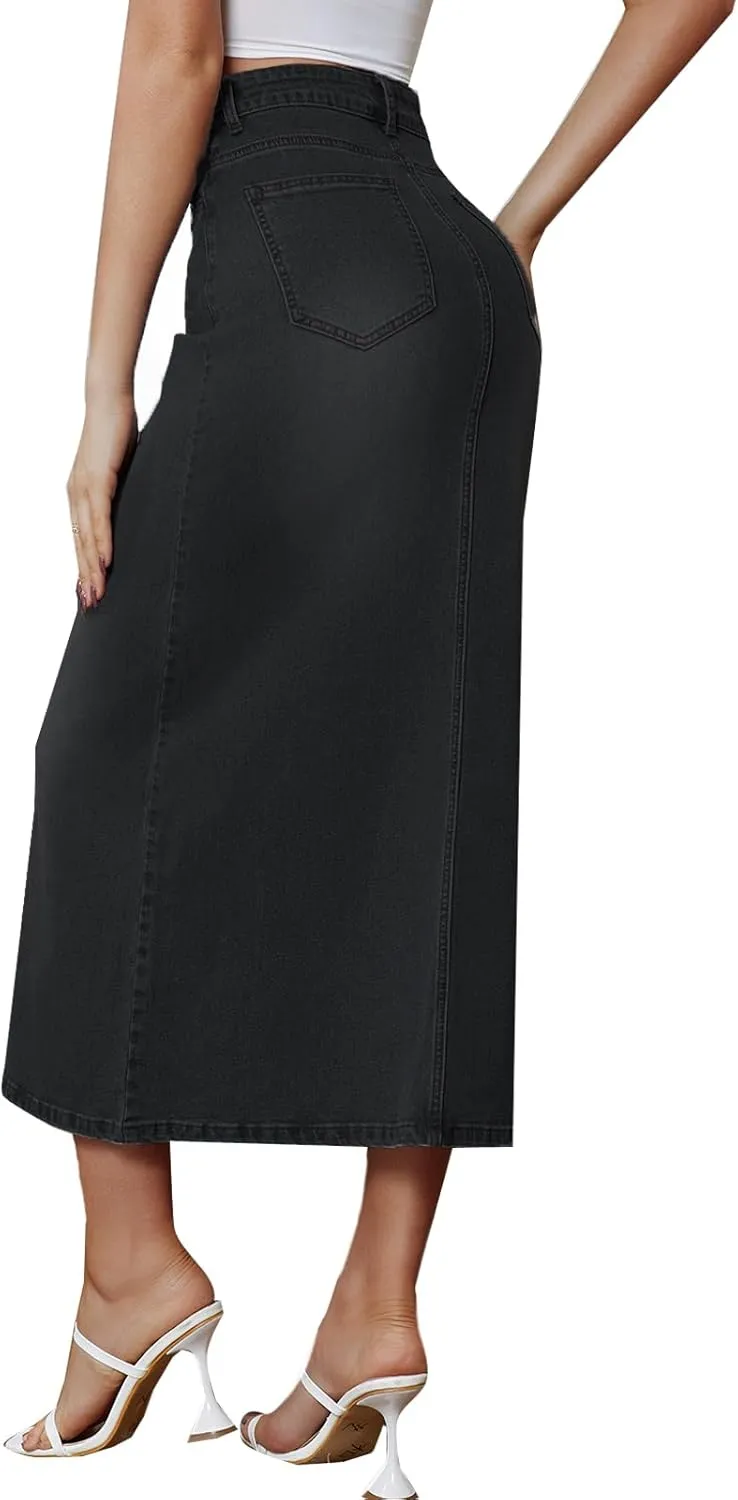 Women's Vintage Denim Long Skirt A-Line High Waisted Front Slit Casual Maxi Jean Skirt