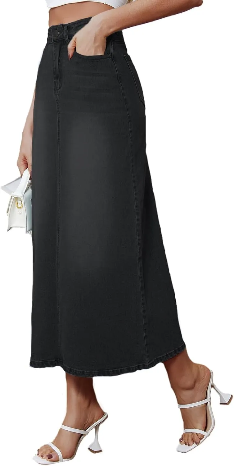 Women's Vintage Denim Long Skirt A-Line High Waisted Front Slit Casual Maxi Jean Skirt