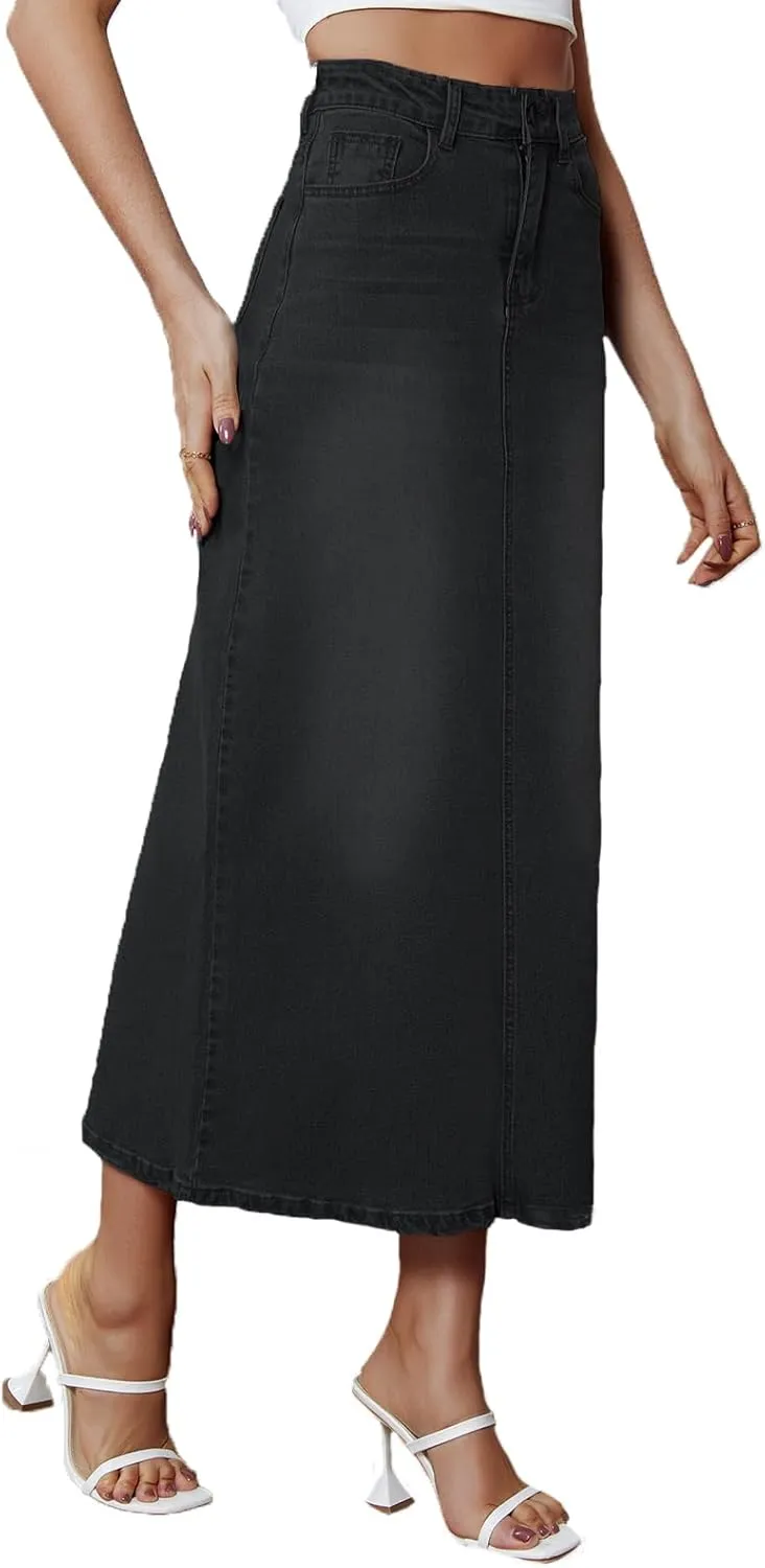 Women's Vintage Denim Long Skirt A-Line High Waisted Front Slit Casual Maxi Jean Skirt