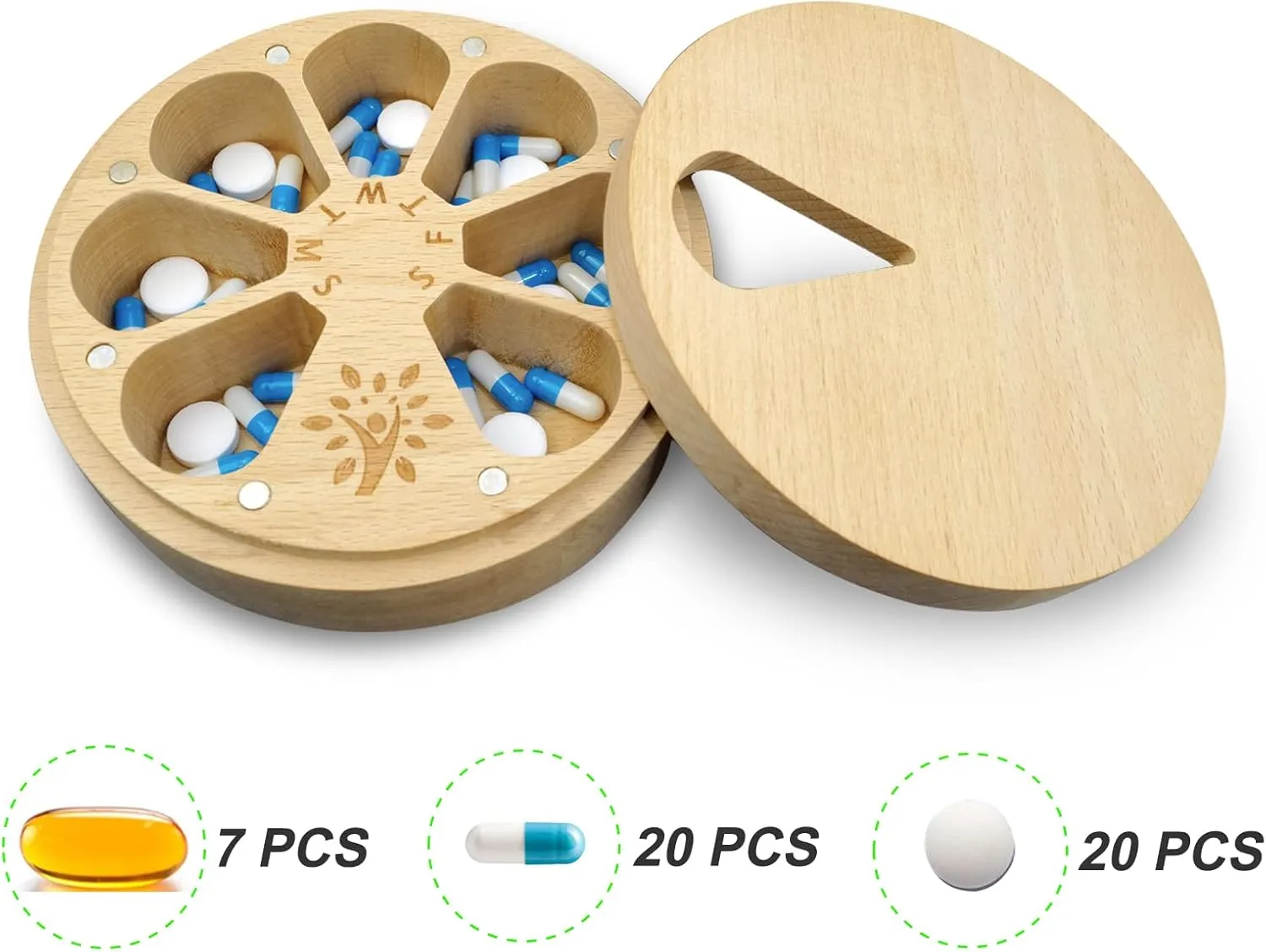 Wood Weekly Pill Organizer for Medicine Vitamin,Arthritis Friendly 7-Day Pill Box Medium Compartments Holder,Daily Portable Travel Pill Case with Velvet Bag