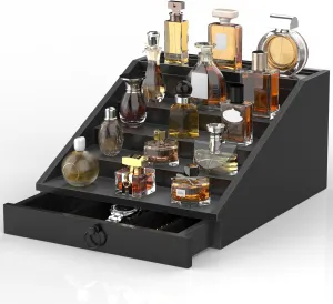 Wooden Cologne Organizer for Men Enhanced 5 Tier Cologne Stand Shelf Perfume Organizer with Velvet Lined Drawer & Hidden Storage Perfume Display Holder for Dresser Nice Gift (Classy Black)
