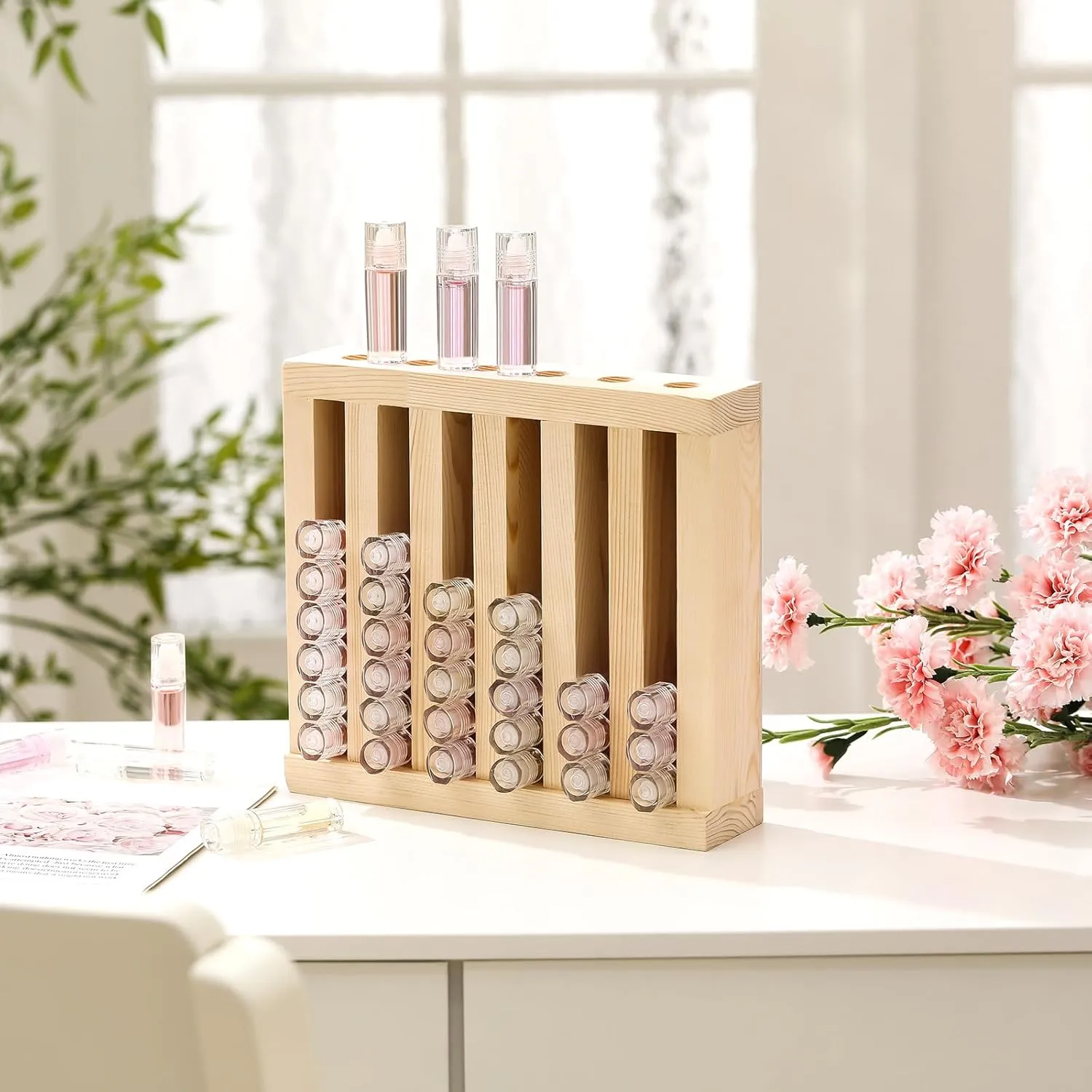 Wooden Lipsticks Holder 0.7 inch Lip Balm Tube Holder Lip Gloss Organizer Display Wood Lipsticks Tube Tower Organizer for Market Craft Booth Room Display(6 Slot)