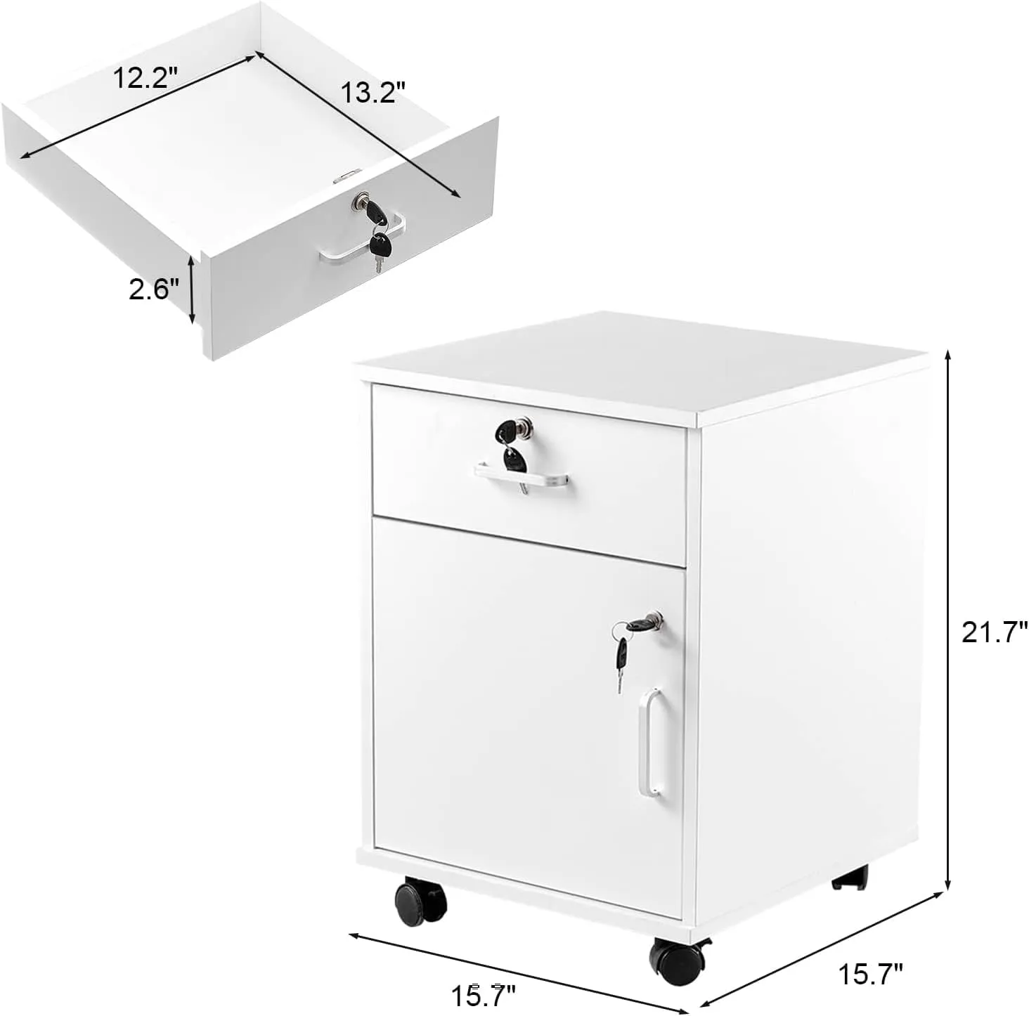 Wooden Mobile File Cabinet for Home Office, Small File Cabinet for Under Desk Storage Organizer, 1 Lockable Drawer, 1 Door,4 Wheels, (White)