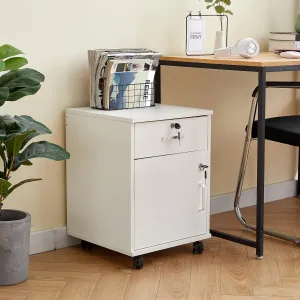 Wooden Mobile File Cabinet for Home Office, Small File Cabinet for Under Desk Storage Organizer, 1 Lockable Drawer, 1 Door,4 Wheels, (White)