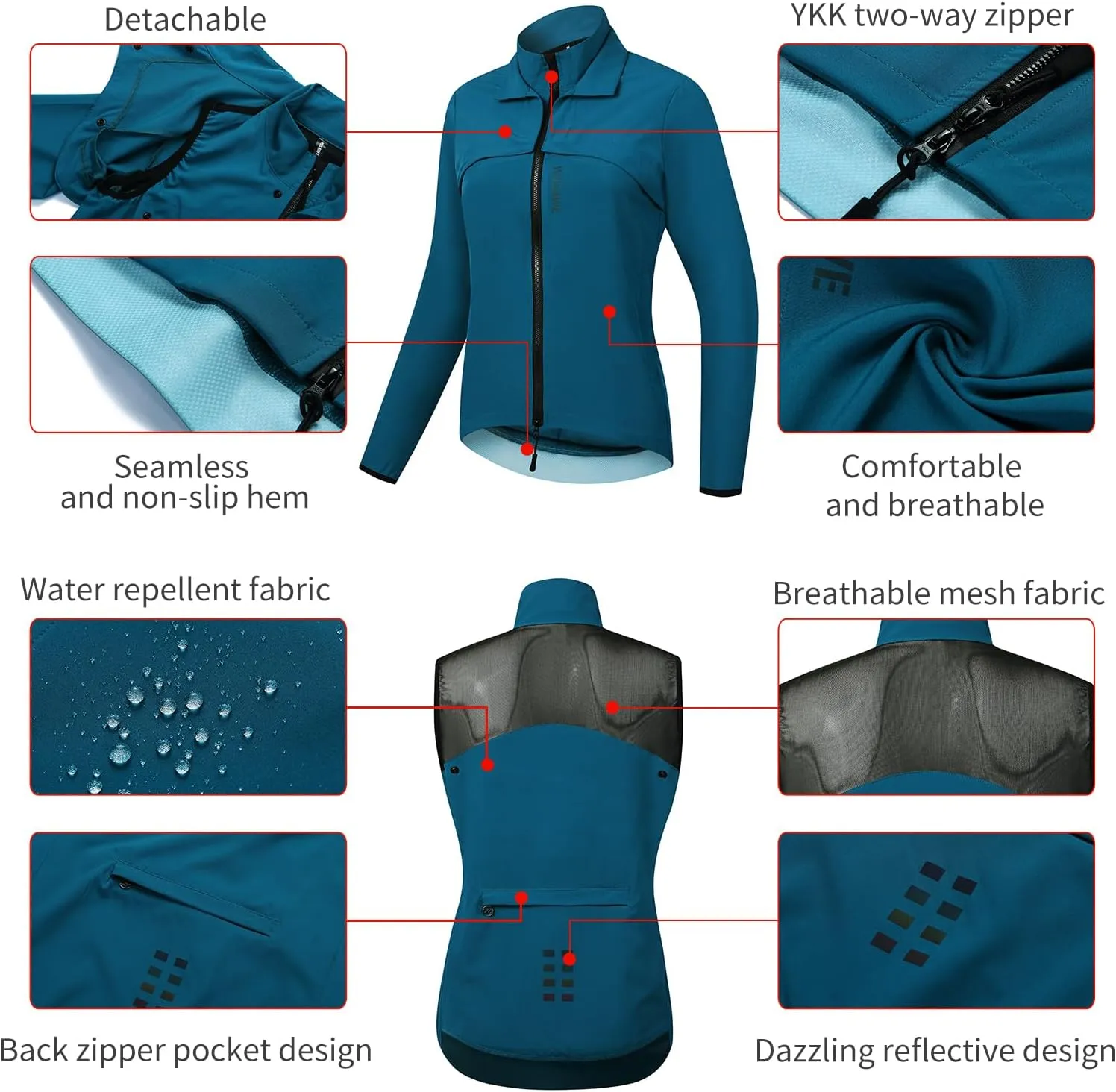 WOSAWE 2 in 1 Cycling Jacket Men Convertible Biking Vest Lightweight Reflective Windbreaker