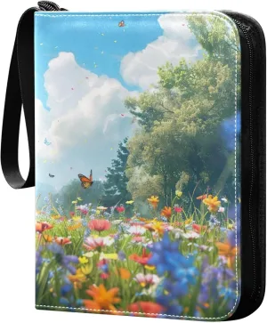 xigua Colorful Herbal Wildflower Card Binder 4-Pockets, Trading Card Binder 400 Pockets Baseball Card Binder Waterproof PU Leather Card Collection Binder for Games Card Album Card