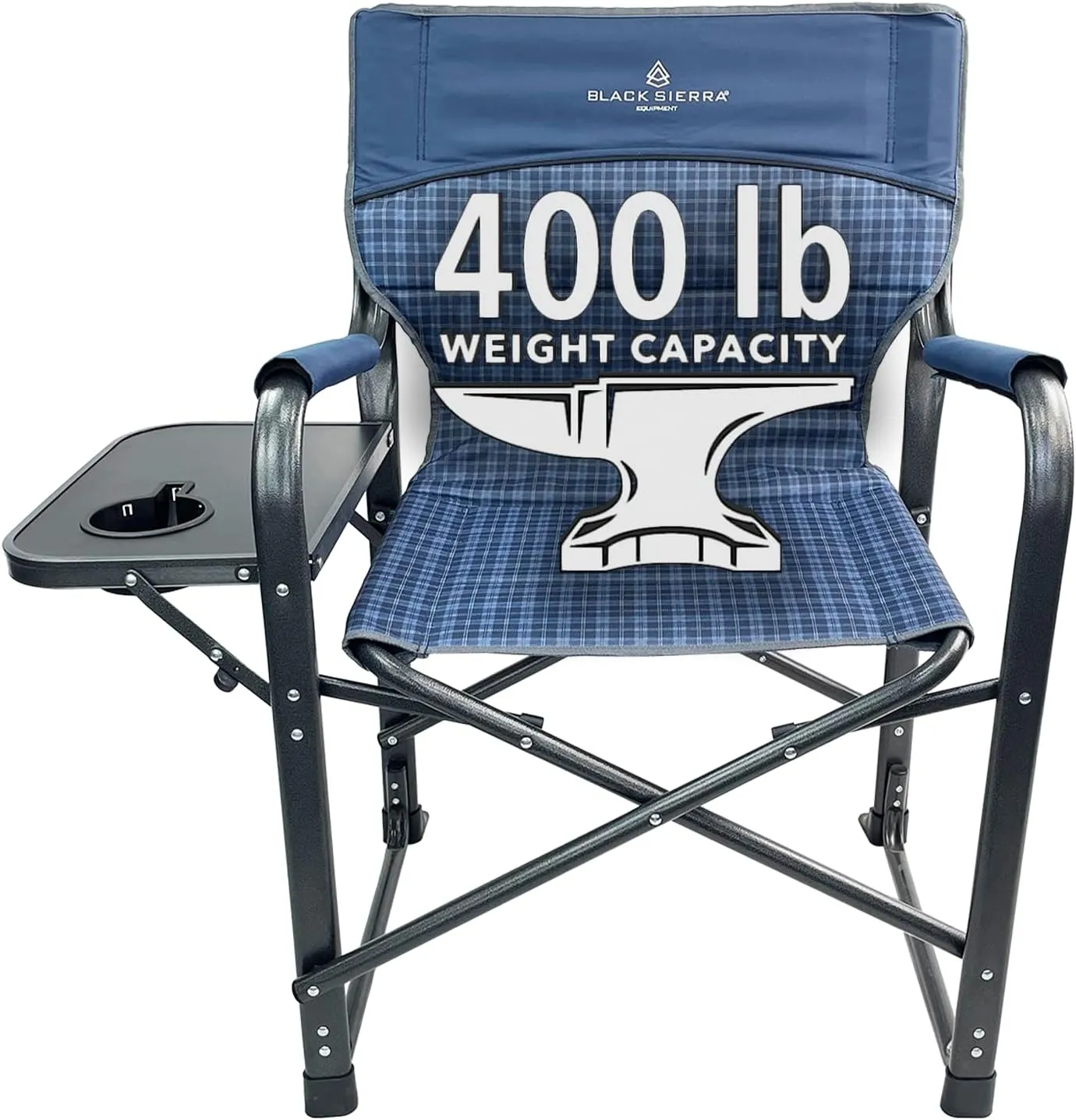 XL Directors Chair with Foldable Side Table, Heavy Duty Camp Chair supports 400 Lbs, Oversize Outdoor Folding Seat with High Back and Padded Armrests for Lawn, Beach, Tailgating, Sports (Blue Plaid)