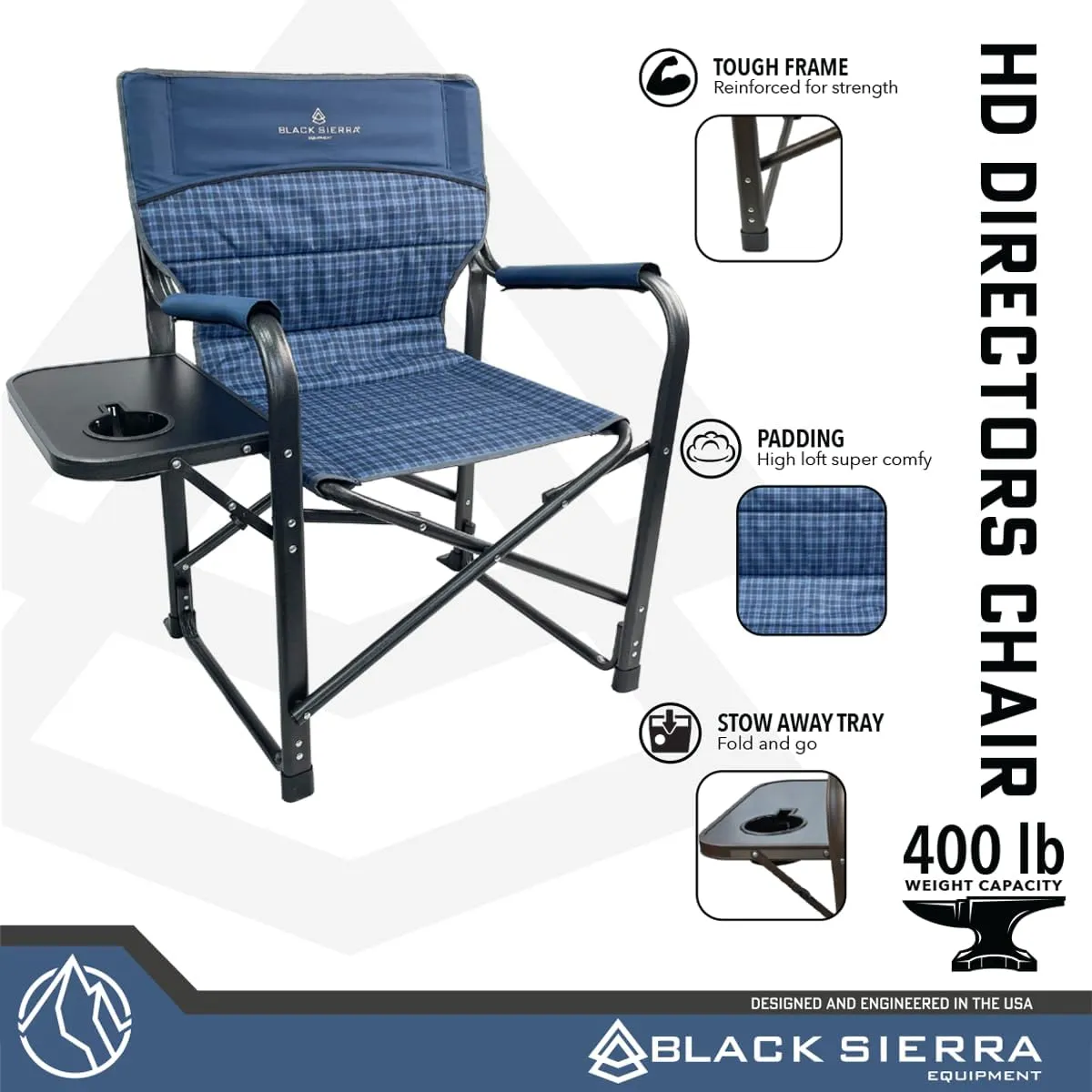 XL Directors Chair with Foldable Side Table, Heavy Duty Camp Chair supports 400 Lbs, Oversize Outdoor Folding Seat with High Back and Padded Armrests for Lawn, Beach, Tailgating, Sports (Blue Plaid)