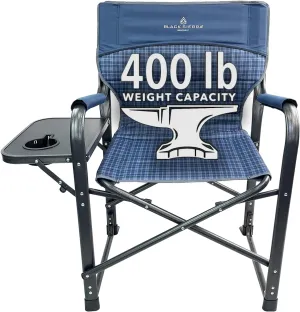 XL Directors Chair with Foldable Side Table, Heavy Duty Camp Chair supports 400 Lbs, Oversize Outdoor Folding Seat with High Back and Padded Armrests for Lawn, Beach, Tailgating, Sports (Blue Plaid)