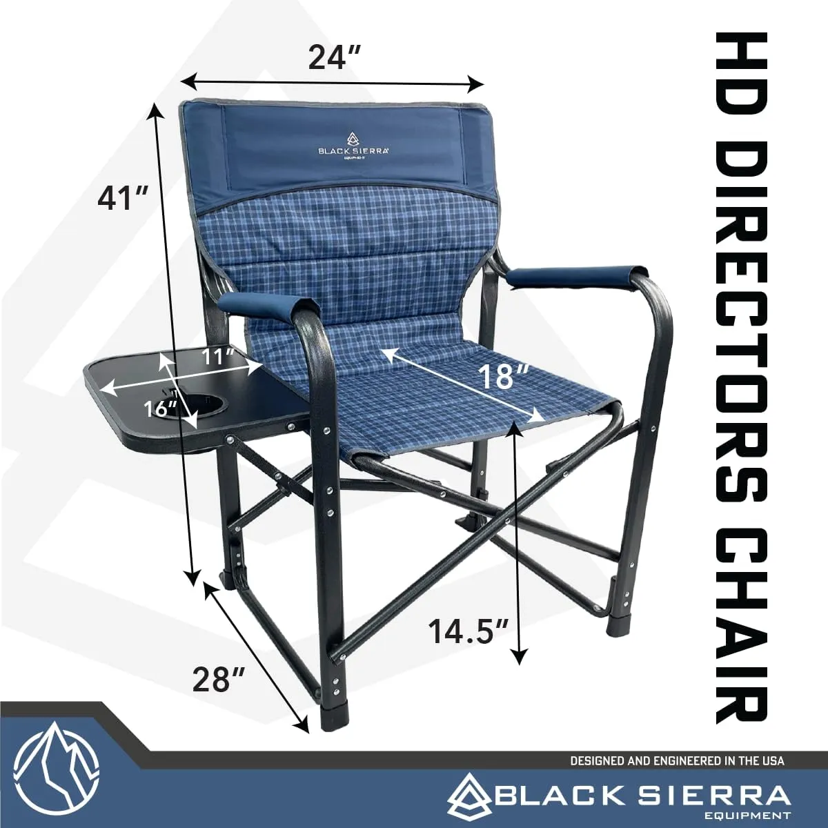 XL Directors Chair with Foldable Side Table, Heavy Duty Camp Chair supports 400 Lbs, Oversize Outdoor Folding Seat with High Back and Padded Armrests for Lawn, Beach, Tailgating, Sports (Blue Plaid)