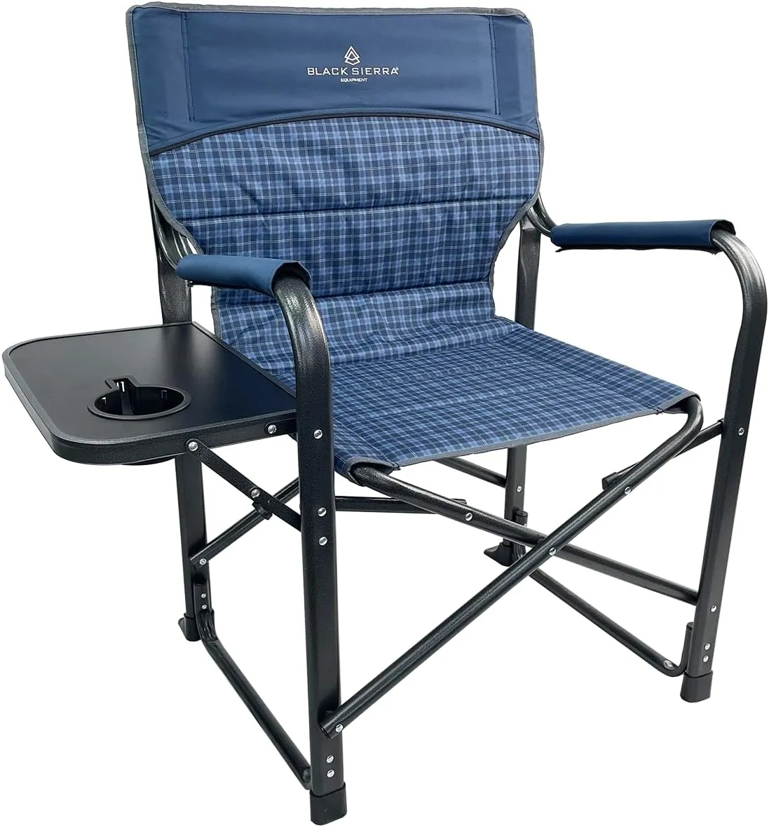 XL Directors Chair with Foldable Side Table, Heavy Duty Camp Chair supports 400 Lbs, Oversize Outdoor Folding Seat with High Back and Padded Armrests for Lawn, Beach, Tailgating, Sports (Blue Plaid)