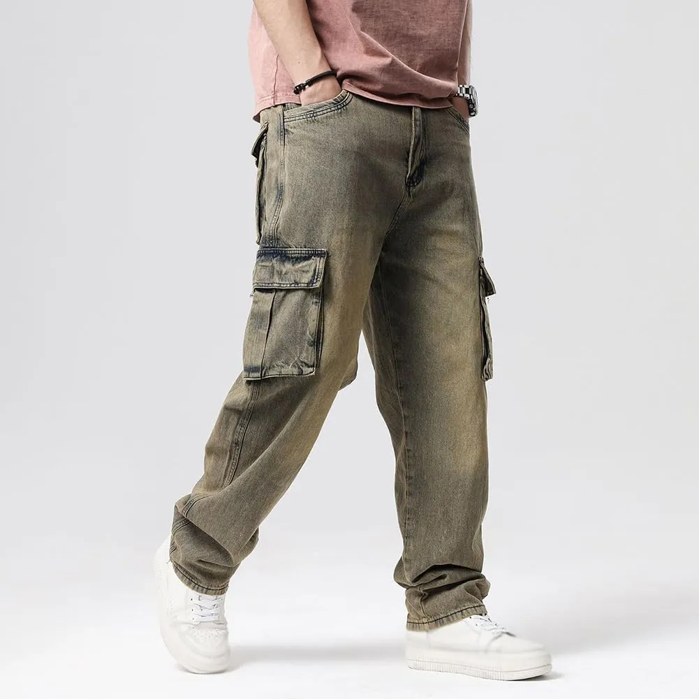 XYGJZ Mens Hip Hop Baggy Jeans Relaxed Fit Skater Cargo Denim Pants Multi-Pockets Motorcycle Pants