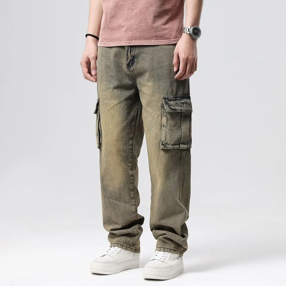 XYGJZ Mens Hip Hop Baggy Jeans Relaxed Fit Skater Cargo Denim Pants Multi-Pockets Motorcycle Pants