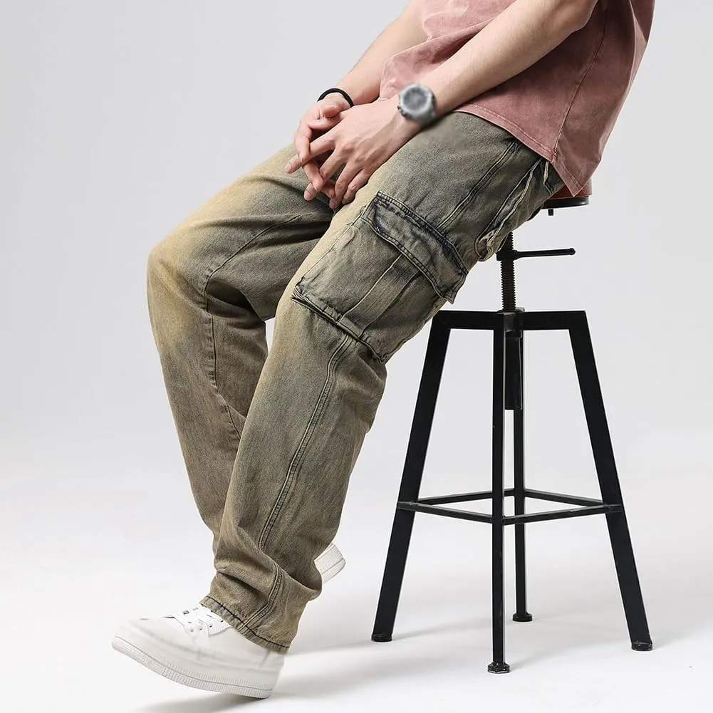 XYGJZ Mens Hip Hop Baggy Jeans Relaxed Fit Skater Cargo Denim Pants Multi-Pockets Motorcycle Pants