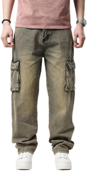 XYGJZ Mens Hip Hop Baggy Jeans Relaxed Fit Skater Cargo Denim Pants Multi-Pockets Motorcycle Pants