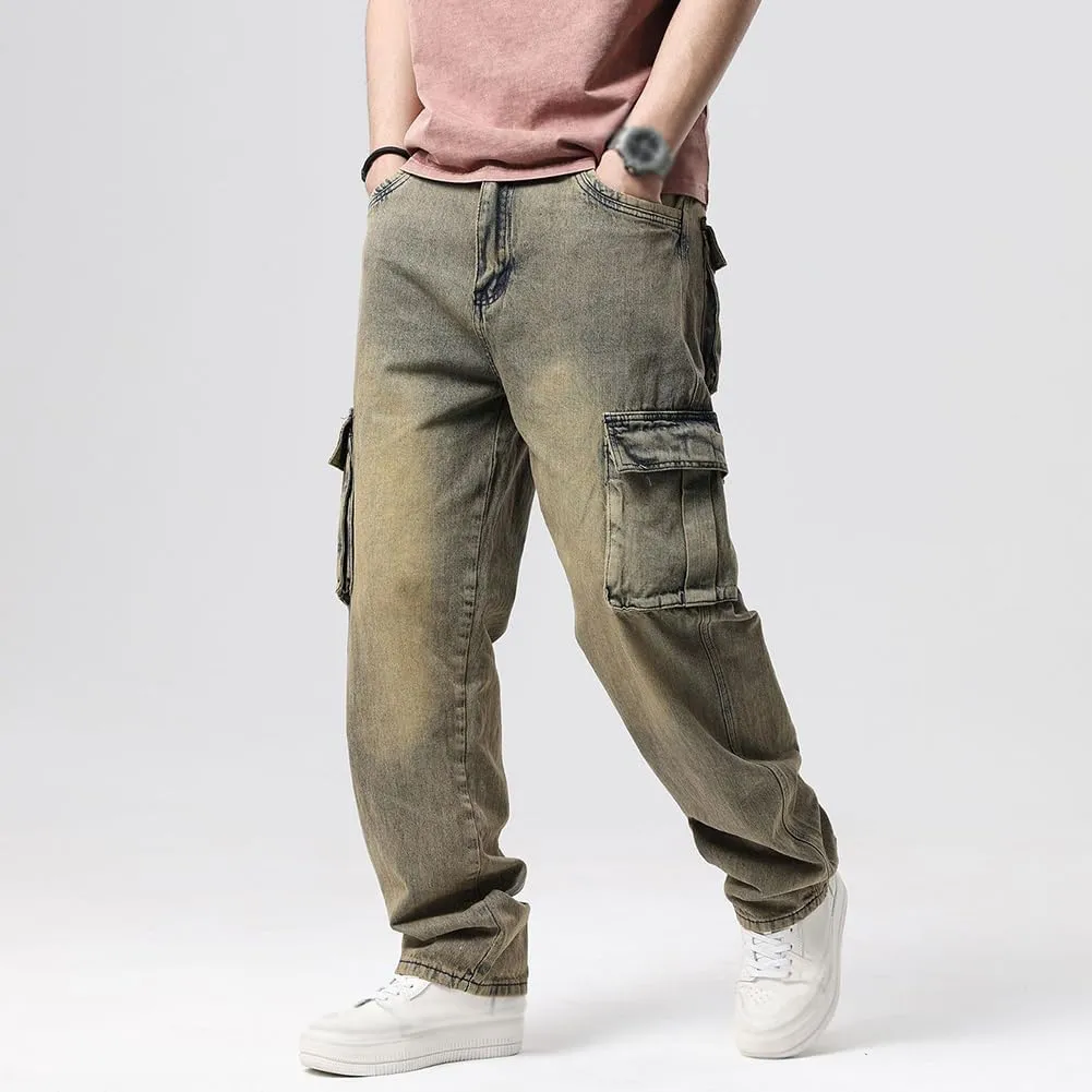 XYGJZ Mens Hip Hop Baggy Jeans Relaxed Fit Skater Cargo Denim Pants Multi-Pockets Motorcycle Pants